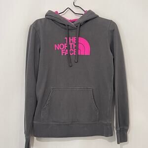 The North Face Hoodie Womens Small Gray Pink BIG LOGO Pocket Pullover Knit Top